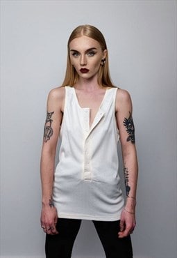 Button up sleeveless vest t-shirt Gothic tank top in white