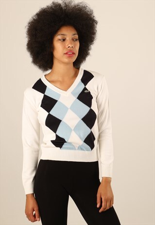 VINTAGE LACOSTE EMBROIDERED LOGO ARGYLE KNITTED SWEATSHIRT