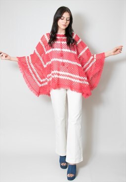 70's Vintage Ladies Pink White Crochet Poncho Cape