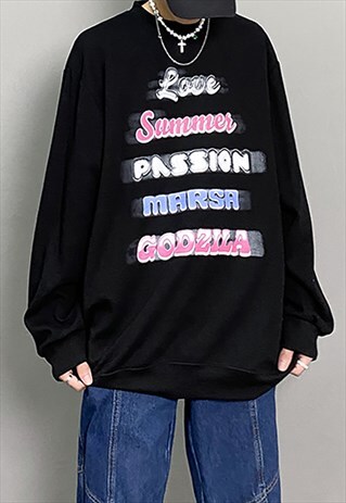 BLACK SLOGAN GRAFFITI OVERSIZED LONG SLEEVE T SHIRT Y2K