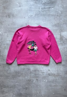 Vintage 80s pink jumper with embroidered graphic