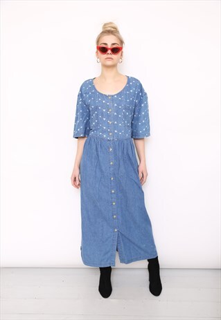 VINTAGE 90S BLUE DENIM BUTTON MIDI DRESS