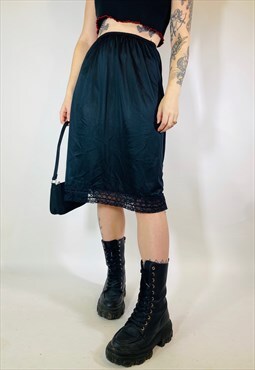 Vintage 90s 00s Y2K Satin Lace Black Midi Slip Skirt