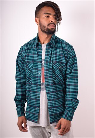MENS VINTAGE FLANNEL SHIRT MEDIUM BLUE CHECK 90S