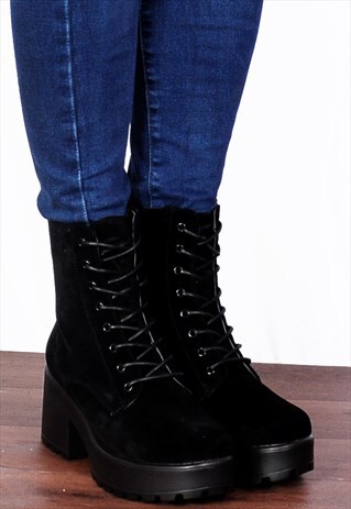 BLACK FAUX SUEDE CLEATED PLATFORMS LACE UPS ANKLE BOOTS