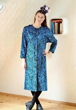 Blue and black floral long sleeve shirt style vintage dress