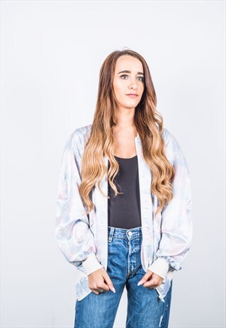 VINTAGE 1980S FESTIVAL BLUE AND PINK PATTERNED BOMBER JACKET