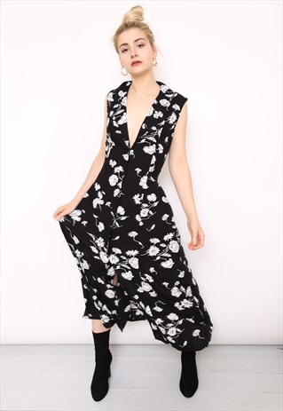 VINTAGE 90S BLACK FLORAL BUTTON MIDI DRESS