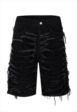 Shredded denim shorts ripped jean skater pants in black 