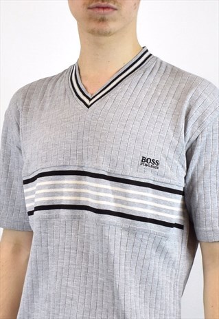 VINTAGE HUGO BOSS V-NECK T-SHIRT IN GRAY