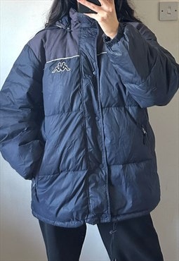 Unisex Vintage 90s Kappa Navy Puffer Coat with Hood