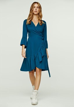 Petrol Wrap Dress Viscose with bell sleeves. 