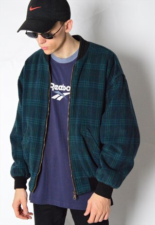 VINTAGE 90S GREEN CHECK CASHMERE WOOL BLEND BOMBER JACKET
