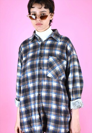 VINTAGE 90S FLANNEL SHIRT CHECK BLUE GREY BROWN