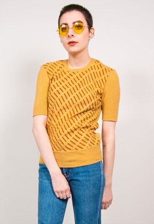 VINTAGE 70'S TAN BROWN STRIPED PATTERN RIBBED KNIT TOP