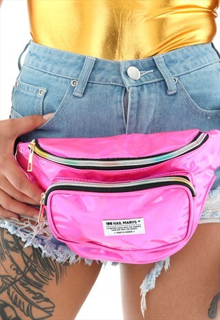 METALLIC PINK FESTIVAL BUMBAG WITH WOVEN PATCH