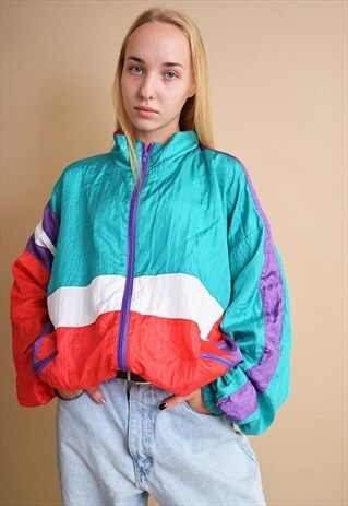 90'S RETRO COLOUR BLOCK ATHLEISURE SHELL BOMBER JACKET
