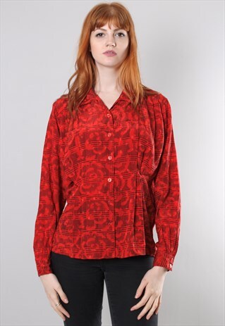 VINTAGE 80S PLEATED DOGTOOTH FLORAL PATTERNED BLOUSE