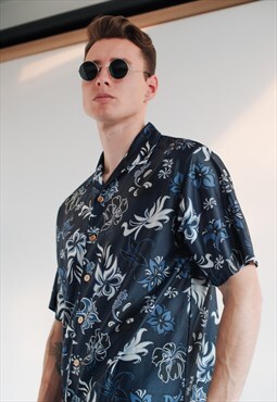 Vintage 90s Short Sleeve Floral Printed Mens Shirt in Navy L