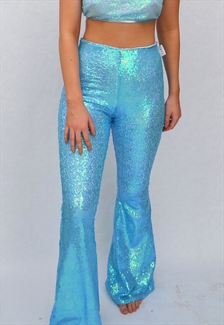 BLUE SEQUIN HIGH WAISTED FLARE TROUSERS
