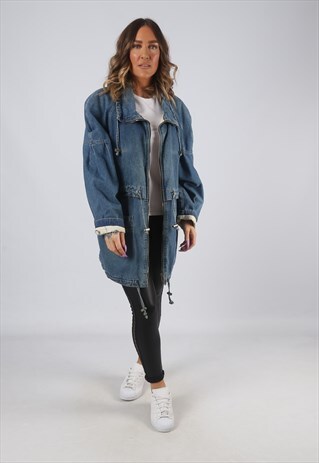 DENIM JACKET PRINT LINED LONG OVERSIZED LONGLINE UK 14 (HK7W