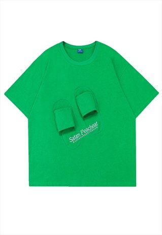 SLIPPERS PATCH T-SHIRT Y2K UNUSUAL TEE RETRO TOP IN GREEN