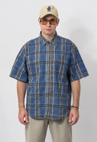 Vintage 90s plaid denim shirt short sleeve men