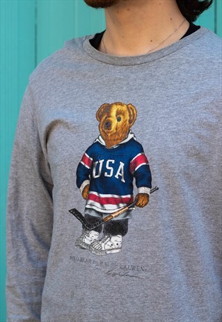VINTAGE 90S POLO BEAR RALPH LAUREN HOCKEY LONGSLEEVE T SHIRT