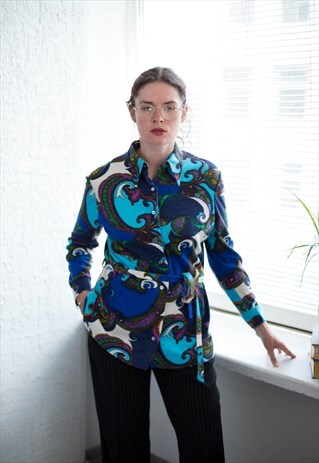 VINTAGE 70S PATTERNED LONG SLEEVED BELTED BLOUSE