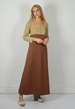 VINTAGE 70S BROWN & GOLD BOHO MAXI FESTIVAL DRESS