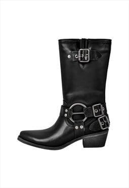 Pointed Toe Chunky Heel Buckle Strap Mid-Calf Western Boots