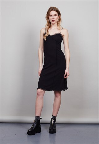 VINTAGE 90S GRUNGE BLACK SPAGHETTI STRAP SLIP DRESS