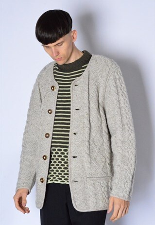 VINTAGE 90S BEIGE WOOL BLEND CABLE KNIT CARDIGAN JACKET