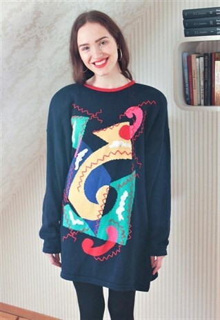 NAVY KNITTED LONG VINTAGE JUMPER WITH COLOURFUL APPLICATIONS