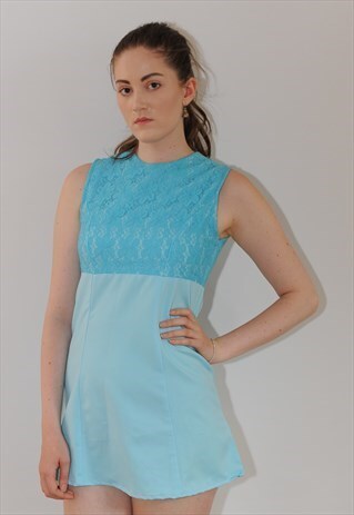 WOMENS VINTAGE 60S DRESS LIGHT BLUE SLEEVELESS FLORAL LACE