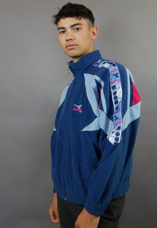 BLUE & PINK VELOUR DIADORA JACKET WITH TAPED SLEEVES