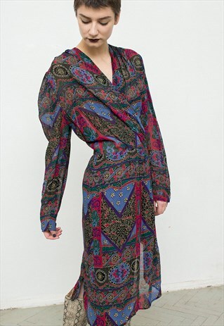 VINTAGE MIDI DRESS MULTI COLOR ABSTRACT PATTERN LONG SLEEVED