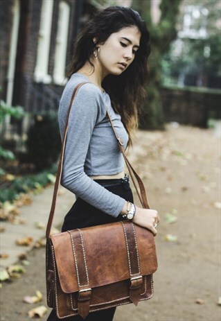 TAN LEATHER HAND STITCHED SATCHEL MESSENGER BAG