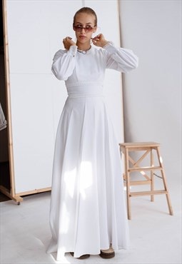 Vintage Long Sleeve White Wedding Occasion Maxi Dress XS