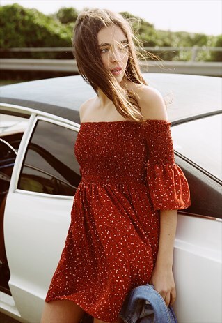 SUBDUED SHIRRED OFF-SHOULDER DRESS