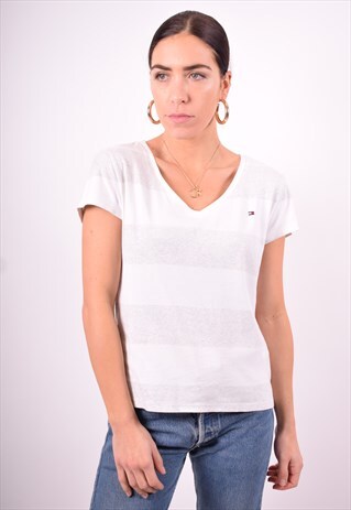 TOMMY HILFIGER WOMENS VINTAGE T-SHIRT TOP LARGE WHITE 90'S