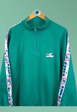 Vintage Green Sweatshirt Diadora Quarter Zip Jumper Large