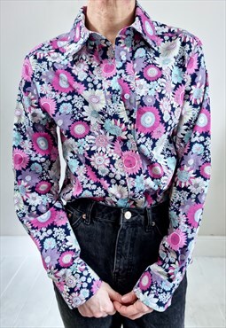 Vintage 70's Dark Floral Pink Floral Cotton Shirt