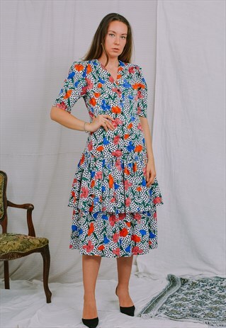 80'S VINTAGE DRESS PRINTED POLKA DOTS FLORAL SHORT SLEEVE