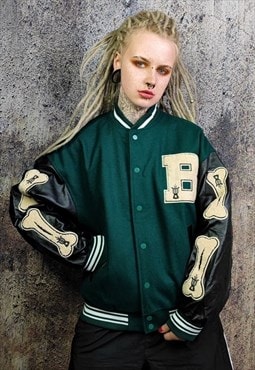 Bones varsity jacket faux leather sleeves bomber in green