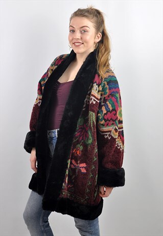 VINTAGE TAPESTRY FAUX FUR TRIMMED PATTERNED WOOL JACKET