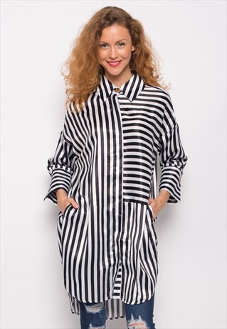 CLASSIC BLACK WHITE STRIPE PRINT SHIRT DRESS RELAXED FIT