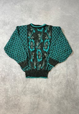 Vintage Abstract Knitted Jumper Flower Patterned Sweater