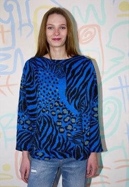 Jumper Vintage 80s Blue Black Knit Animal Print Zebra