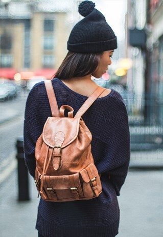 MEDIUM TAN BROWN LEATHER BACKPACK